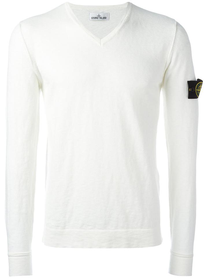 Stone Island Logo Patch V-neck Jumper, Men's, Size: Medium, White, Cotton/polyamide