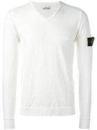 Stone Island Logo Patch V-neck Jumper, Men's, Size: Medium, White, Cotton/polyamide