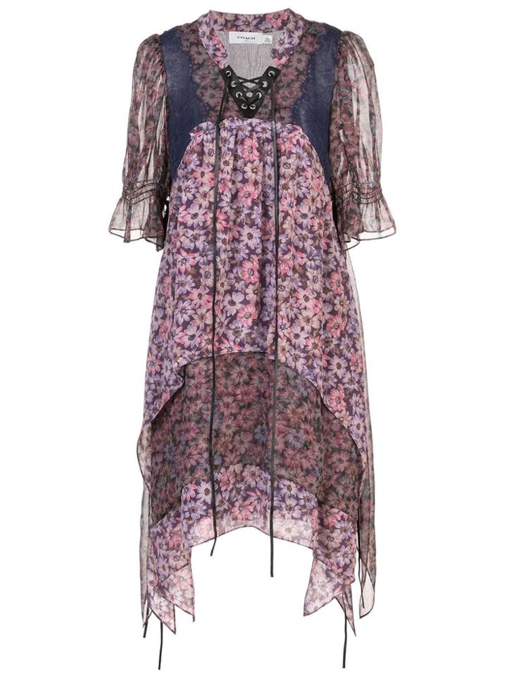 Coach Floral Short-sleeve Flared Dress - Purple