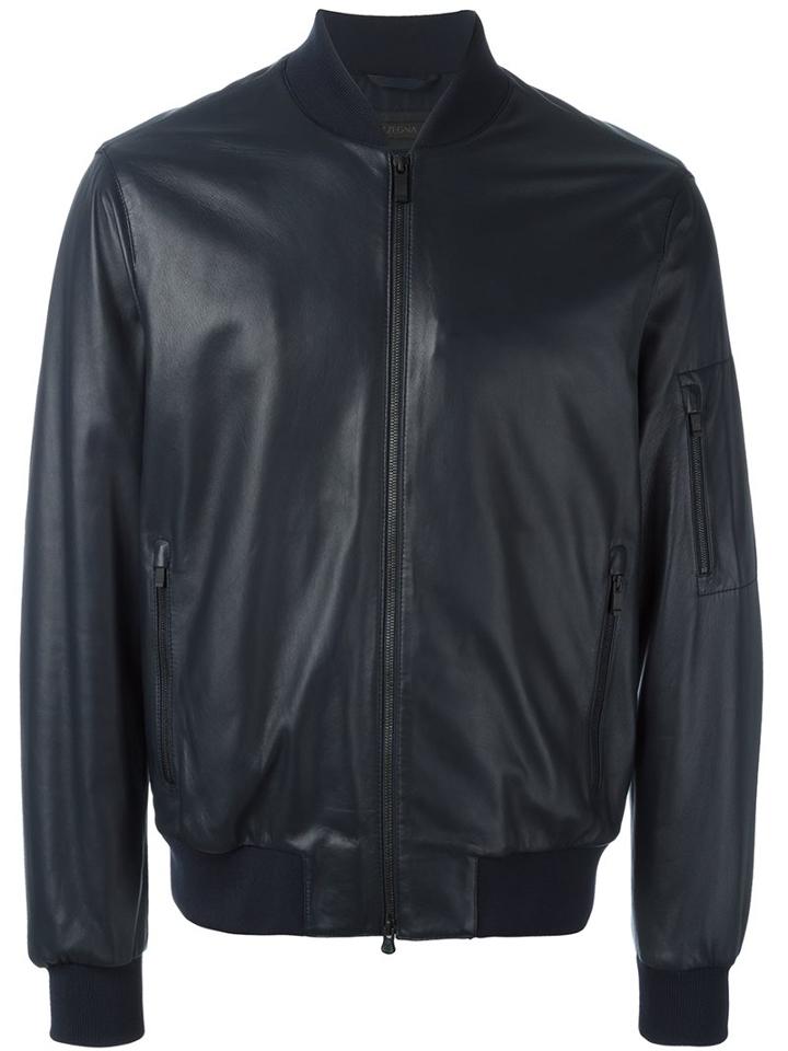 Z Zegna Leather Bomber Jacket, Men's, Size: Large, Blue, Lamb Skin/polyamide/polyester