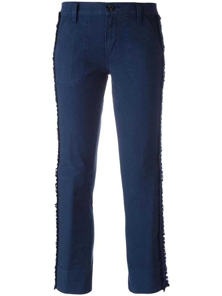 Tory Burch Frayed Laterals Cropped Trousers, Women's, Size: 24, Blue, Cotton/spandex/elastane