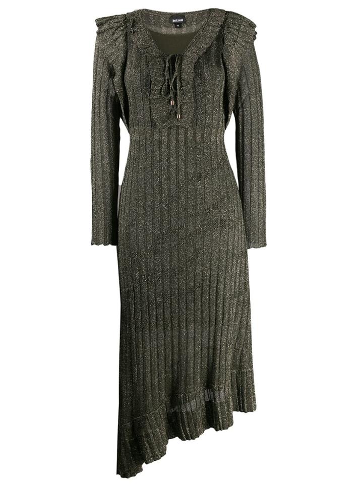 Just Cavalli Ruffle Trimming Ribbed Knit Dress - Gold