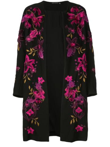 Josie Natori Floral-embroidered Collarless Coat - Black