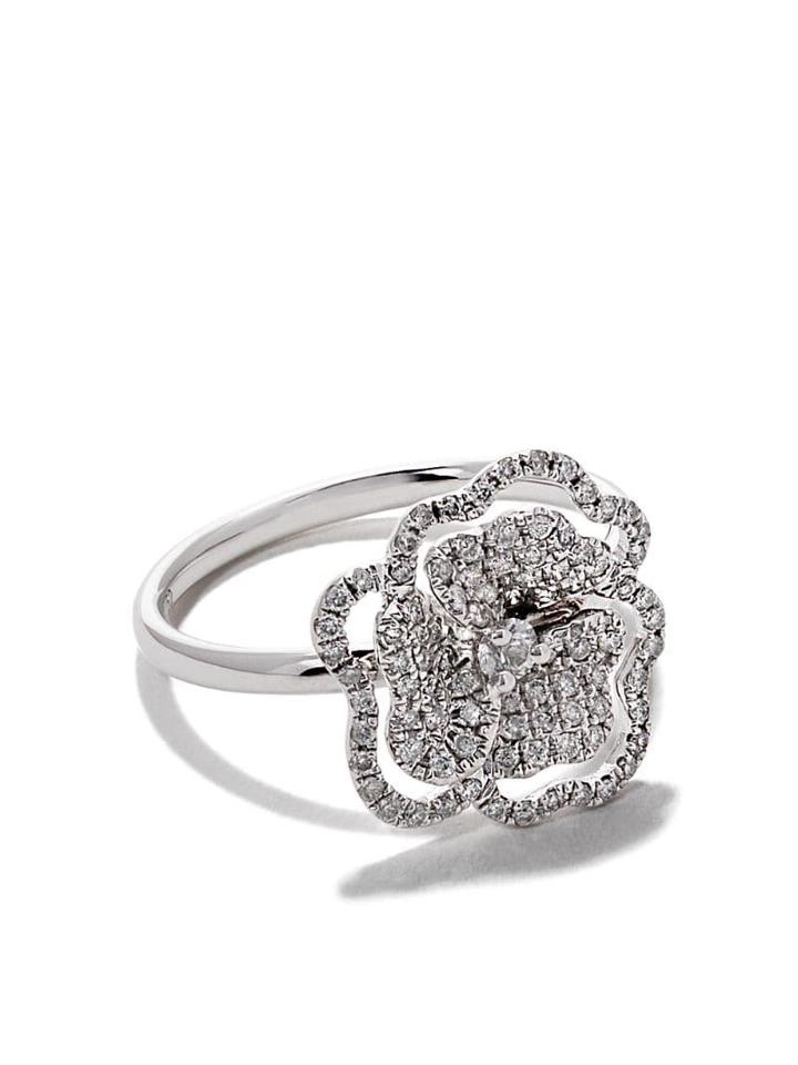 As29 18kt White Gold Roselia Flower Line Medium Diamond Ring - Silver