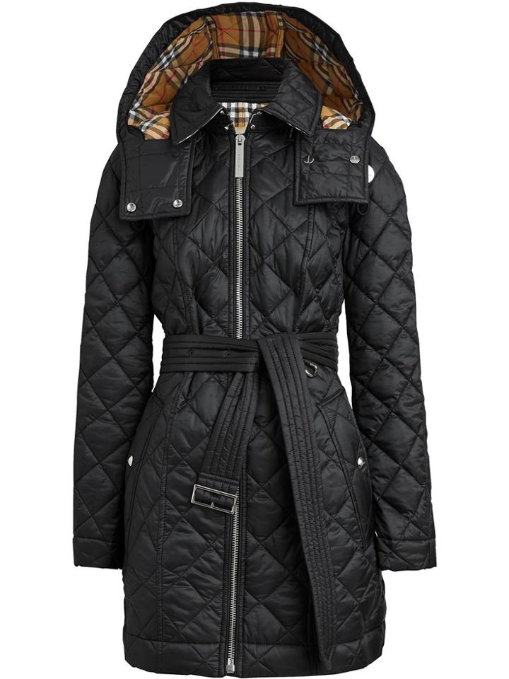 Burberry Detachable Hood Lightweight Diamond Quilted Coat - Black