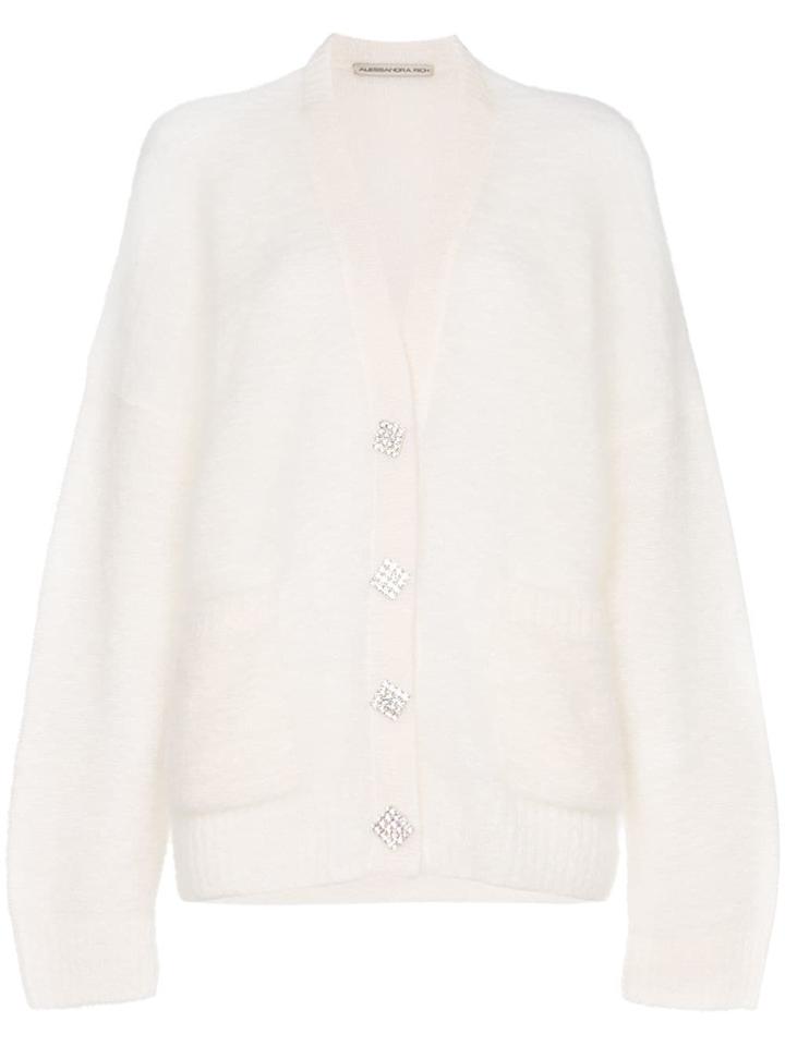 Alessandra Rich Mohair Cardigan With Crystal Button - White
