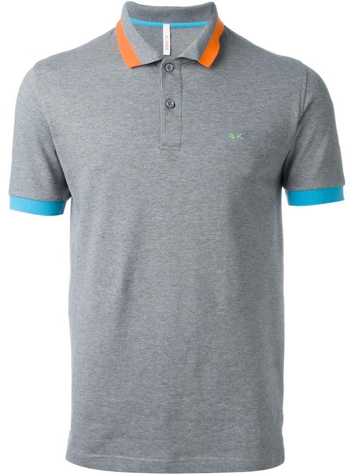 Sun 68 Wide Collar And Sleeve Detail 'righe Fluo' Polo Shirt, Men's, Size: Small, Grey, Cotton/spandex/elastane