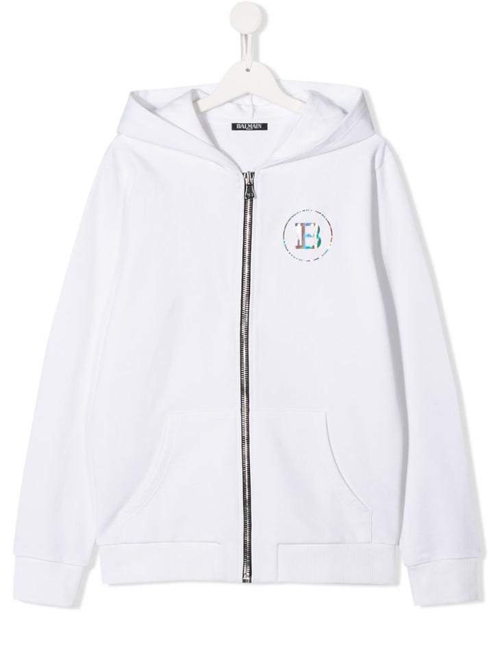 Balmain Kids Teen Holographic Print Hoodie - White