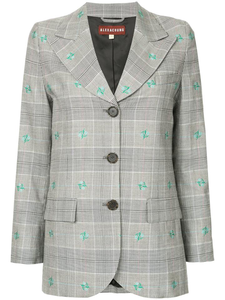 Alexa Chung Floral-embroidered Checked Blazer - Grey