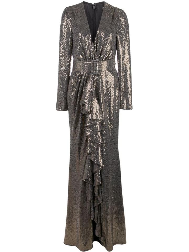 Badgley Mischka Runway Sequin V-neck Ruffle Gown - Gold