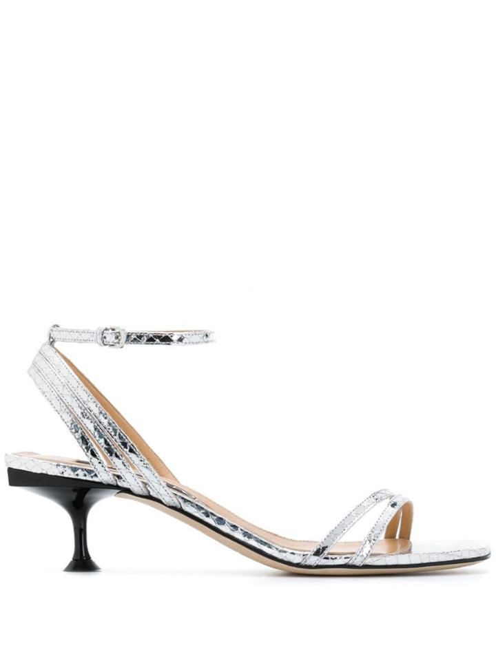 Sergio Rossi Kitten Heel Metallic Sandals - Silver