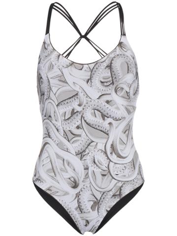 Belusso Snake Print Cross Back Swimsuit - White