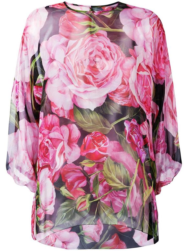 Dolce & Gabbana Rose Print Sheer Blouse, Women's, Size: 48, Pink/purple, Silk