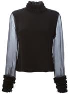 Roksanda Ruffled Neck Sheer Sleeve Blouse, Women's, Size: 12, Black, Silk