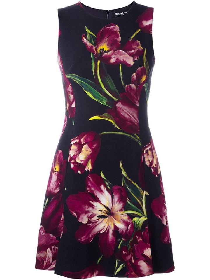 Dolce & Gabbana Tulip Print Dress, Women's, Size: 40, Black, Wool/silk/spandex/elastane