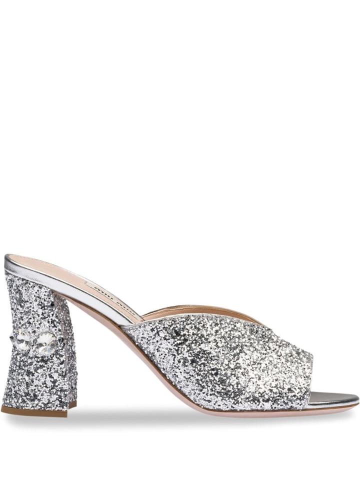 Miu Miu Glitter And Crystal Mules - Silver