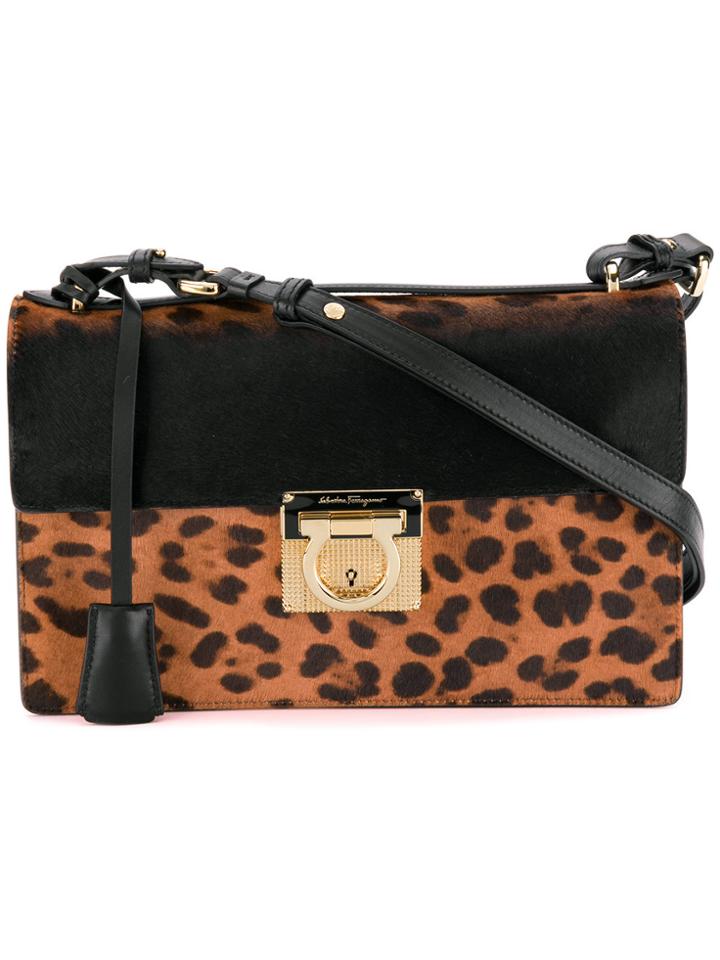 Salvatore Ferragamo Leopard Print Gancio Lock Shoulder Bag - Black