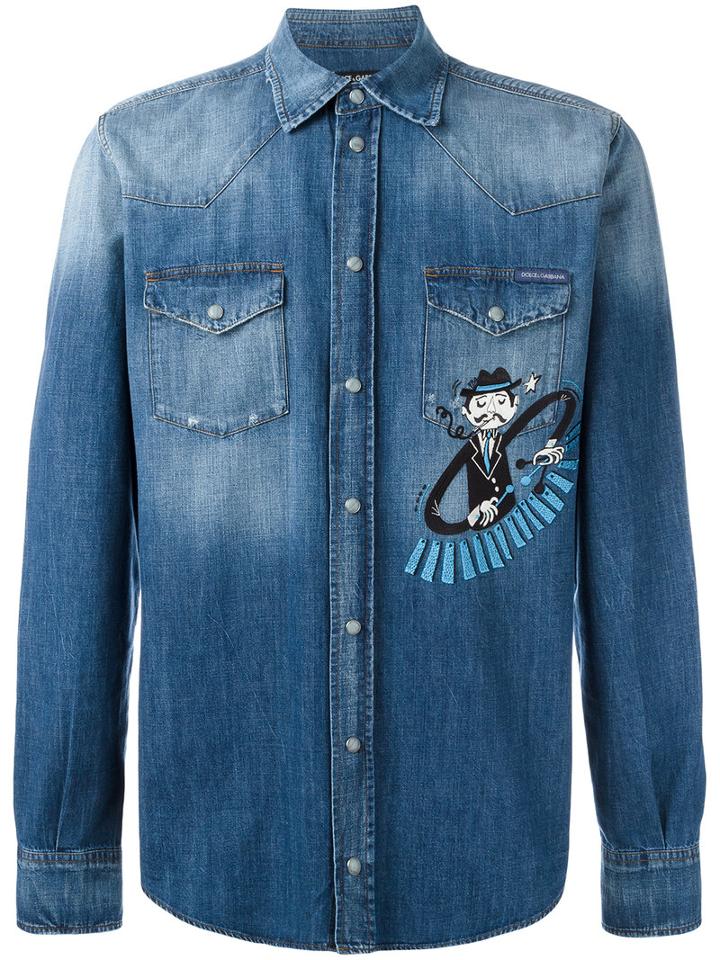 Dolce & Gabbana Musician Patch Denim Shirt, Men's, Size: 39, Blue, Cotton