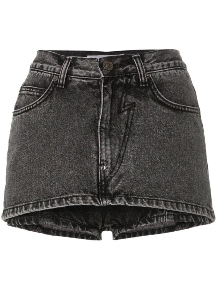 Pushbutton Acid Wash High-waisted Mini Denim Skort - Black