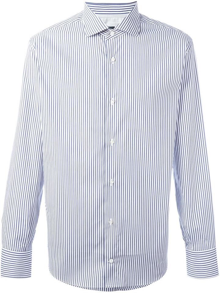 Eleventy Striped Button Down Shirt, Men's, Size: 44, White, Cotton/polyamide/spandex/elastane
