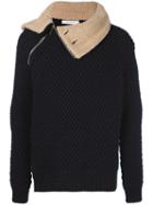 Pierre Balmain Shearling Collar Knit Jacket, Men's, Size: 50, Blue, Viscose/wool/alpaca/polyester