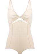 Giuliana Romanno V-neck Tulle Panel Bodysuit, Women's, Size: M, Nude/neutrals, Polyamide/spandex/elastane
