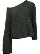Baja East Off-shoulder Cable Knit Jumper, Women's, Size: 0, Green, Virgin Wool/cashmere