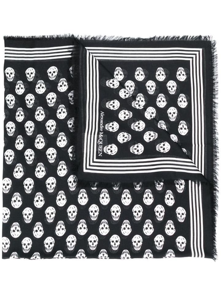 Alexander Mcqueen Skull Print Frayed Scarf - Black