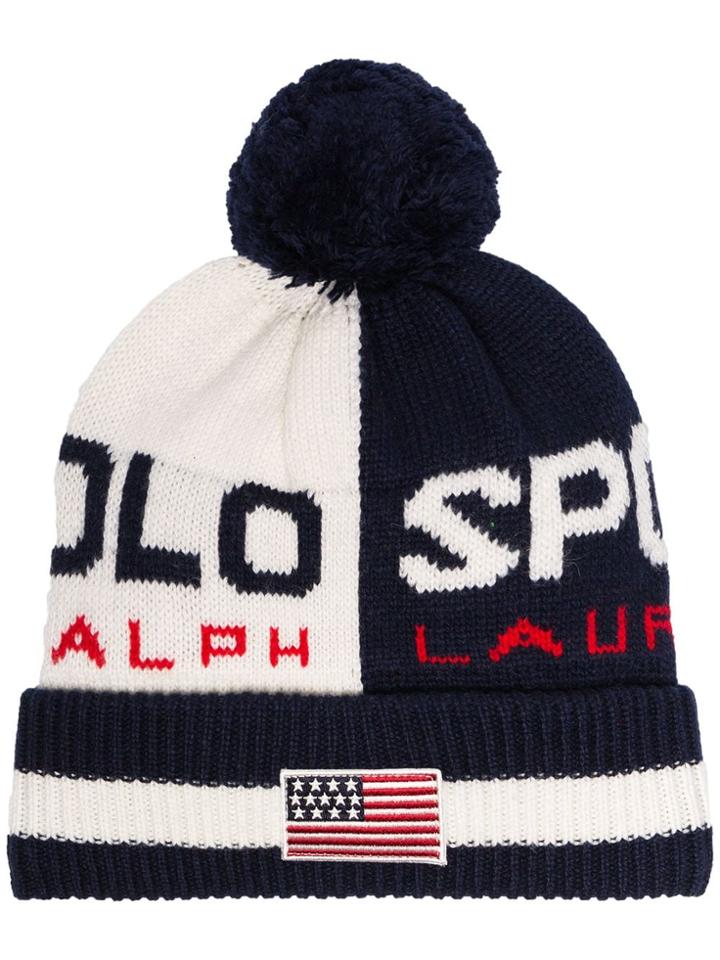Polo Ralph Lauren Blue And White Logo Pom Pom-embellished Beanie Hat