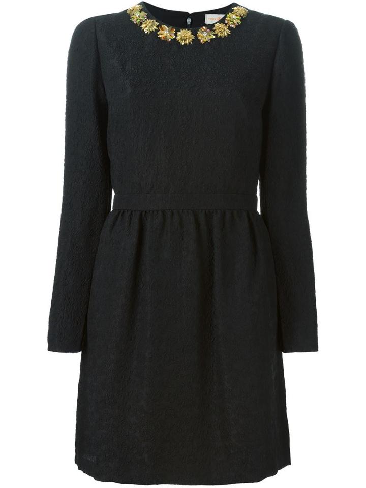 Tory Burch Embellished Neck Brocade Dress, Women's, Size: 2, Black, Silk/nylon/polyester/spandex/elastane