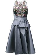 Marchesa Notte Embroidered Top Flared Dress - Grey