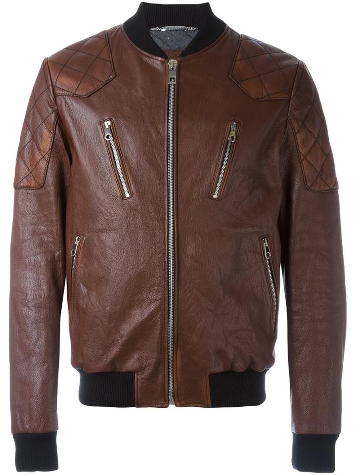 Dolce & Gabbana Zipped Leather Jacket, Men's, Size: 52, Brown, Goat Skin/polyamide/polyester/virgin Wool