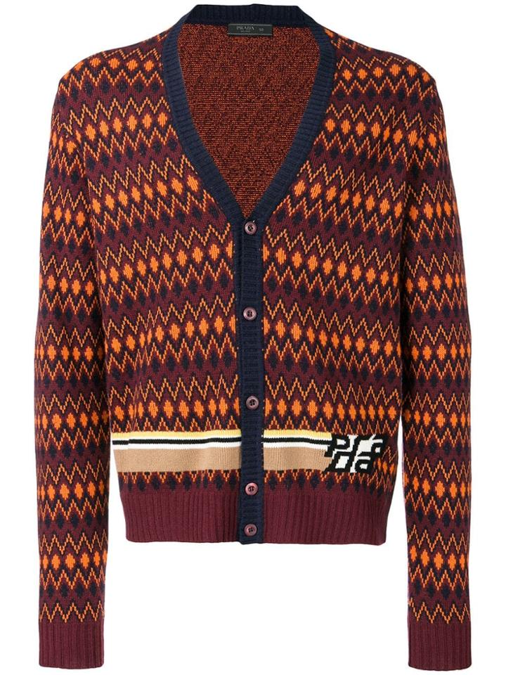 Prada Intarsia Stripe Cardigan - Red