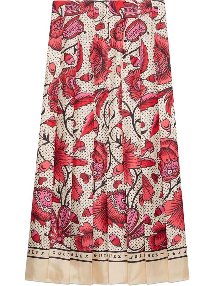 Gucci Silk Skirt With Watercolor Flower Print - Neutrals