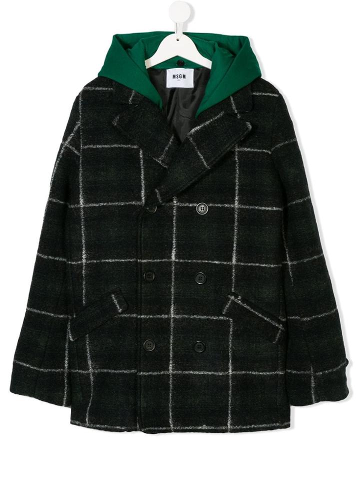 Msgm Kids Check Hooded Coat - Green