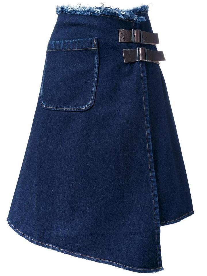Miharayasuhiro Asymmetric Raw Denim Skirt, Women's, Size: 40, Blue, Calf Leather/cotton