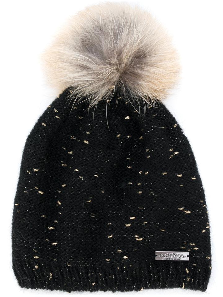 Norton Racoon Fur Pom Pom Flecked Hat - Black
