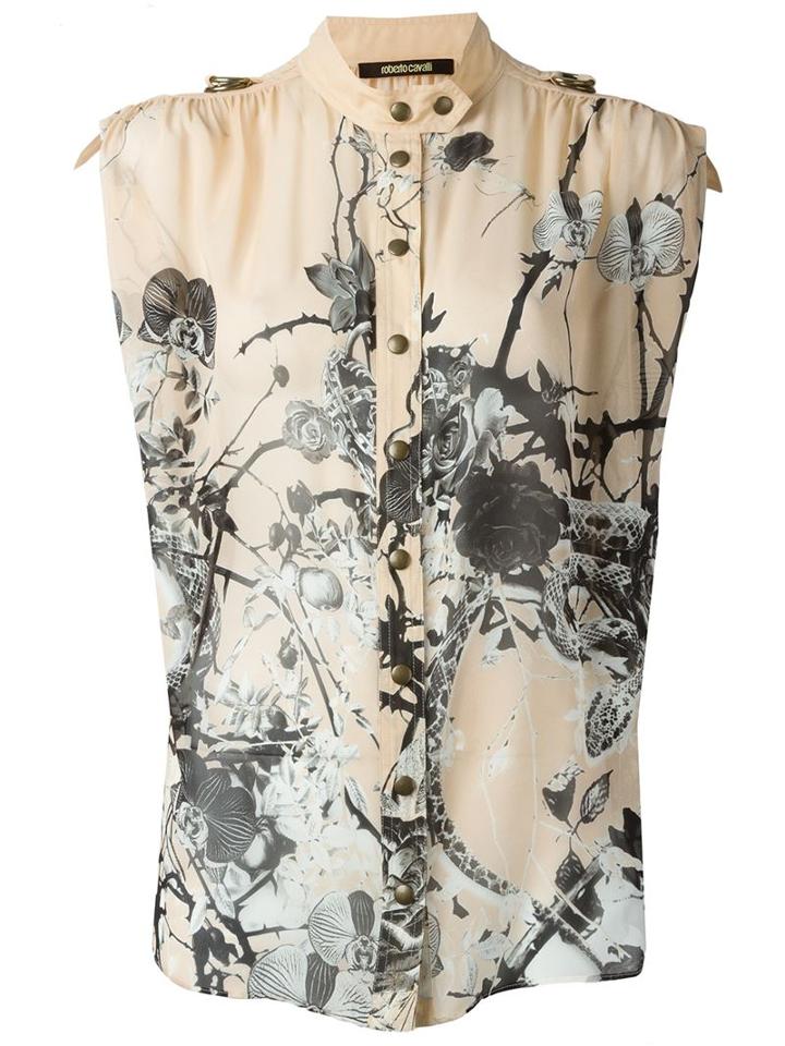 Roberto Cavalli Thorny Roses And Snakes Print Button Down Sleeveless Shirt