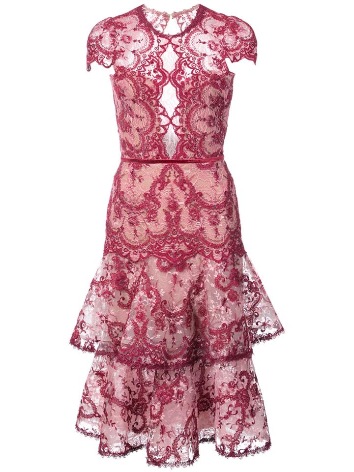 Marchesa Notte Embroidered Lace Midi Dress - Pink & Purple