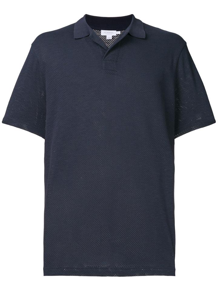 Sunspel Buttonless Eyelet Stitch Polo Shirt - Blue