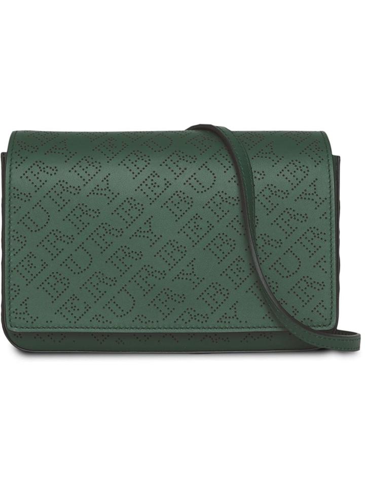 Burberry Perforated Logo Leather Wallet With Detachable Strap - Green