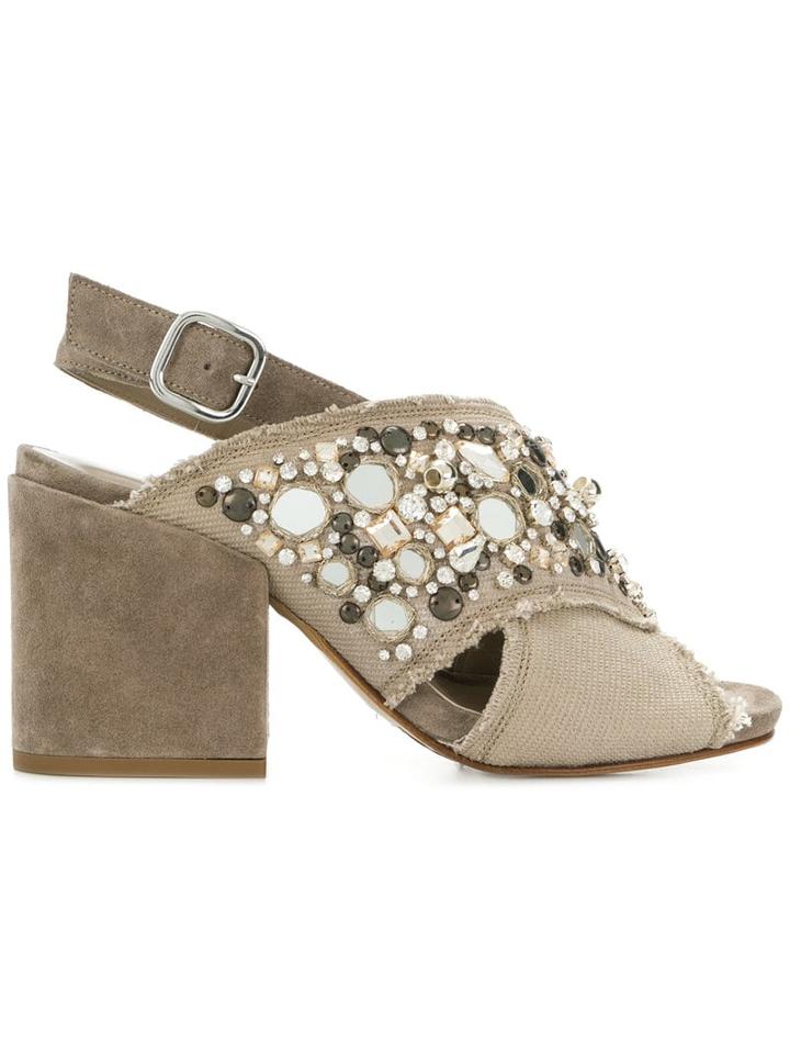 Elena Iachi Gem Embellished Block Heel Sandals - Neutrals