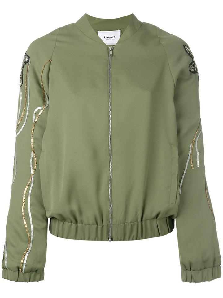 Blugirl - Floral Sequin Sleeve Bomber Jacket - Women - Acrylic/polyester/glass - 42, Women's, Green, Acrylic/polyester/glass
