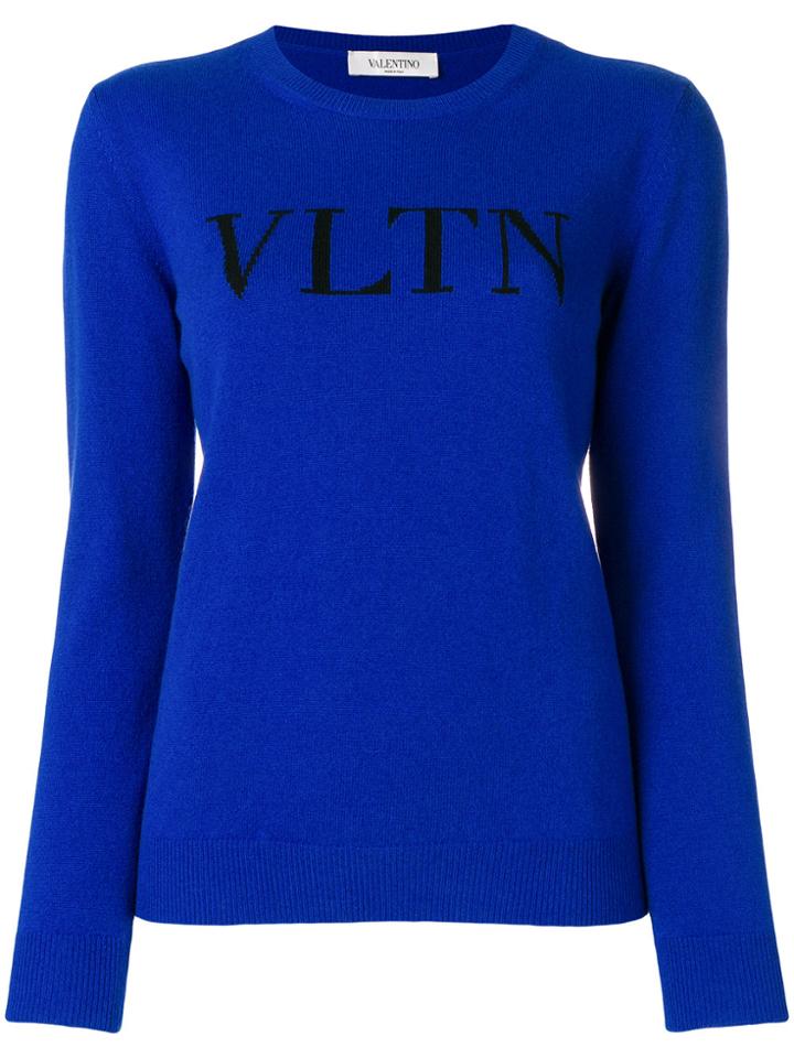 Valentino Round Neck Intarsia Logo Jumper - Blue