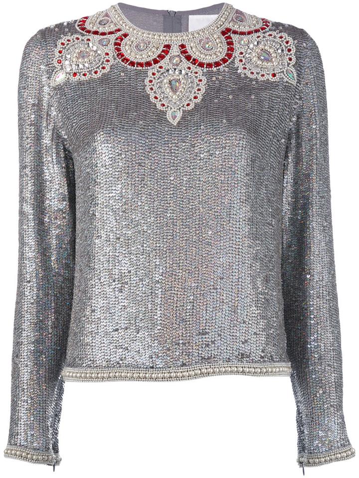 Ashish - Bead Embellished Sequin Top - Women - Silk - S, Grey, Silk