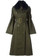 Sacai Fur Collar Military Coat, Women's, Size: 3, Green, Cotton/cupro/leather