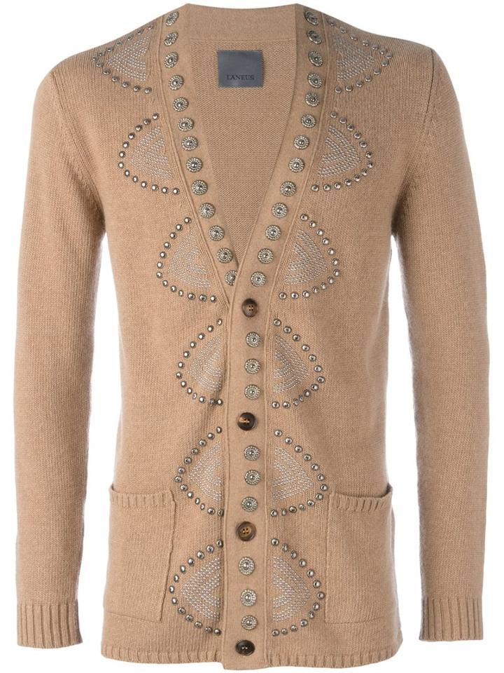 Laneus Embellished Button Down Cardigan, Men's, Size: 52, Nude/neutrals, Polyamide/viscose/aluminium/brass