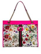Gucci Neon Pink Leather Trim Floral Print Canvas Tote Bag