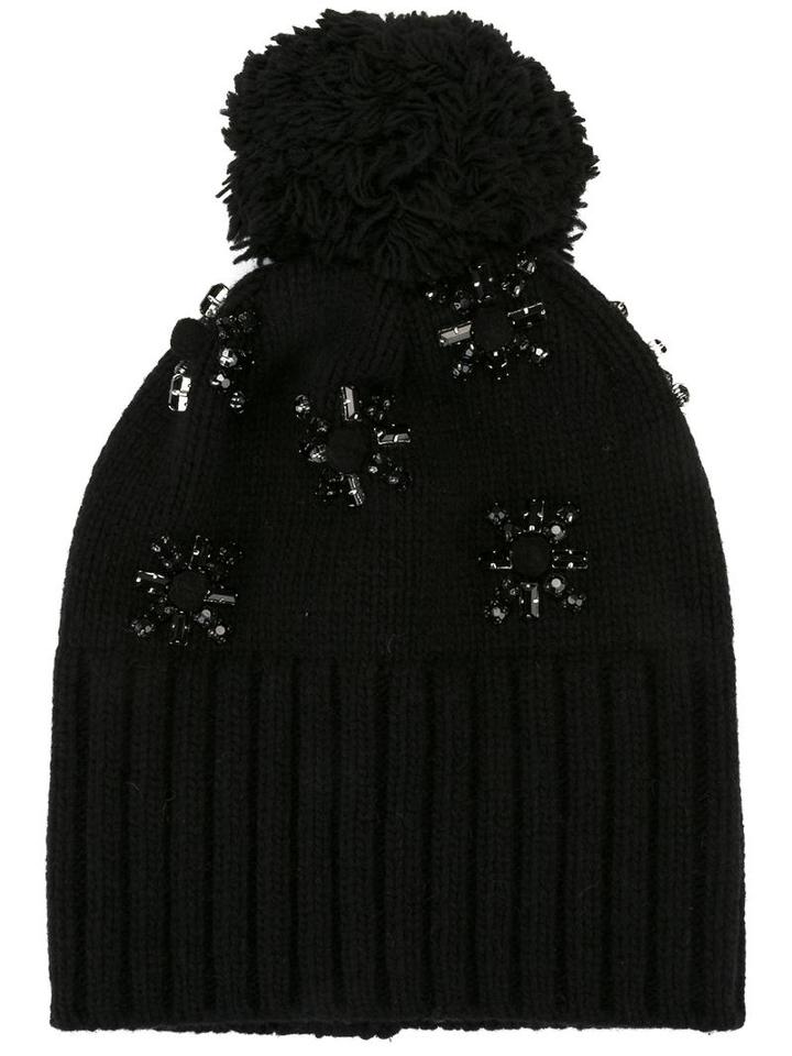 Le Chapeau Flower Embellished Pompom Beanie, Women's, Black, Wool/polyamide/glass