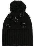 Le Chapeau Flower Embellished Pompom Beanie, Women's, Black, Wool/polyamide/glass